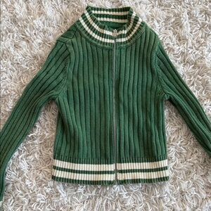 Green Ribbed Zip-Front Women’s Sweater with Contrast Stripes